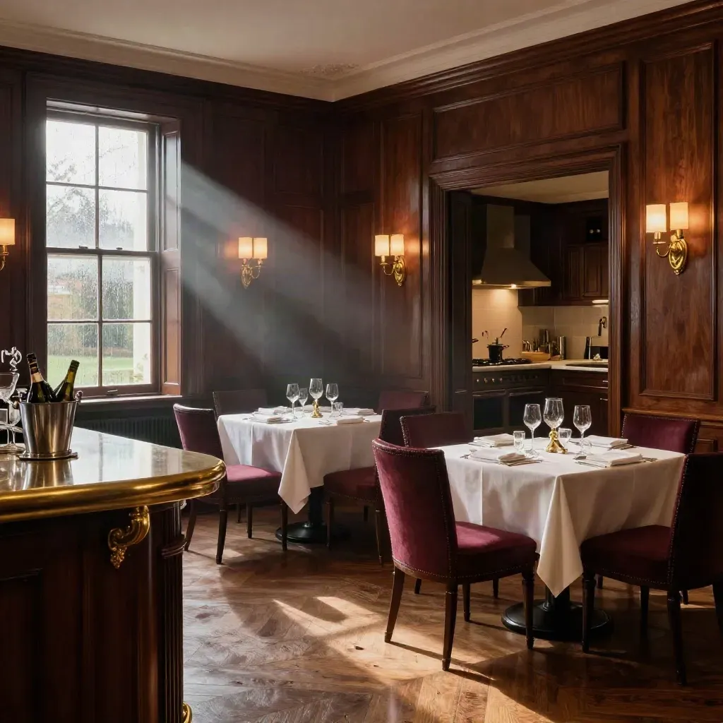 Moody mahogany dining room with set tables, brass sconces, and open salon doorway.