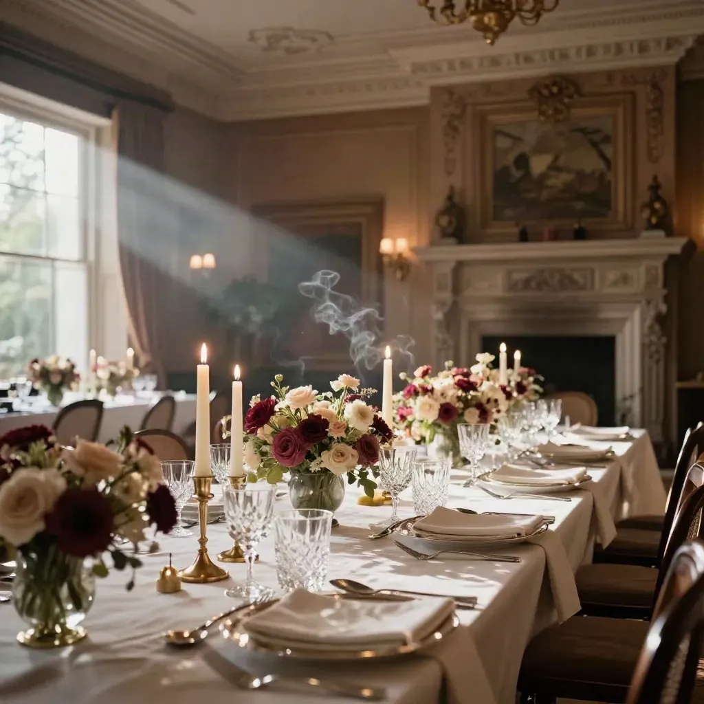 Grand private salon set for a candlelit event dinner, with flowers, glassware, and fireplace.