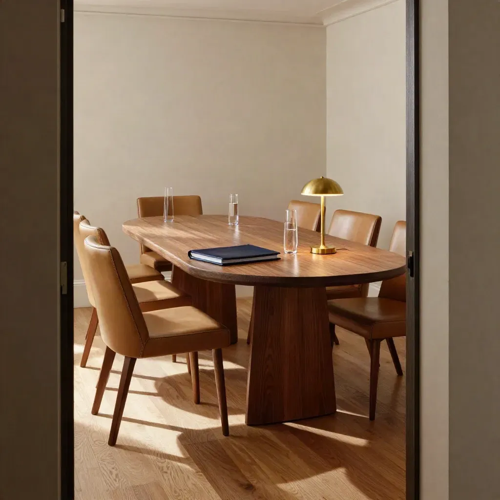 Private salon meeting room with oak table, leather chairs, carafes and brass lamp in soft daylight