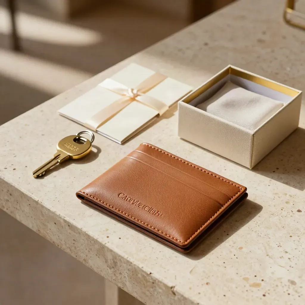 Membership welcome package on a stone console with leather wallet, brass key fob and ivory packet.