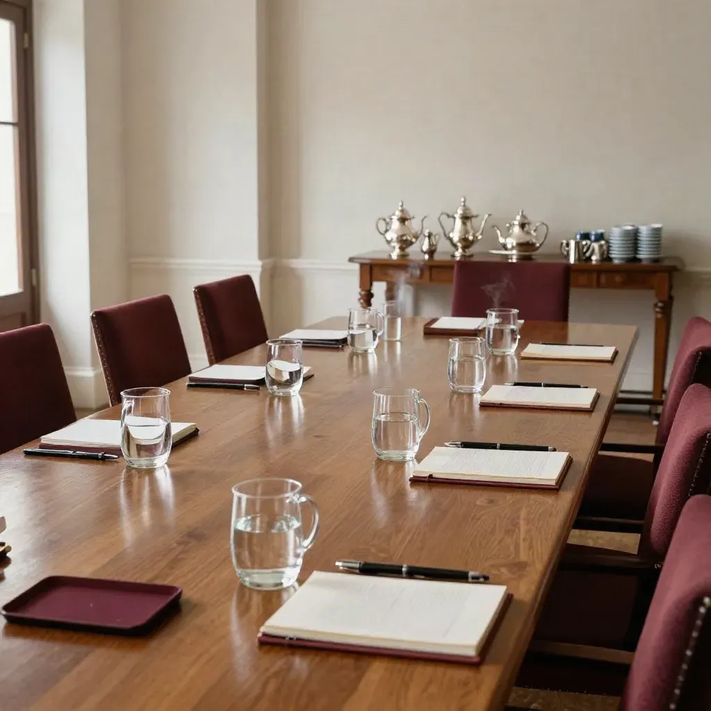 Empty oak boardroom reset with water jugs, notebooks, pens, and coffee service.