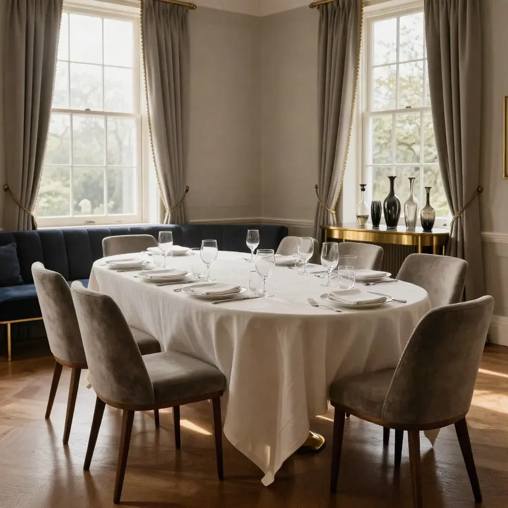 Empty private dining room set for 14 with white china, sash windows and carafes in warm afternoon light