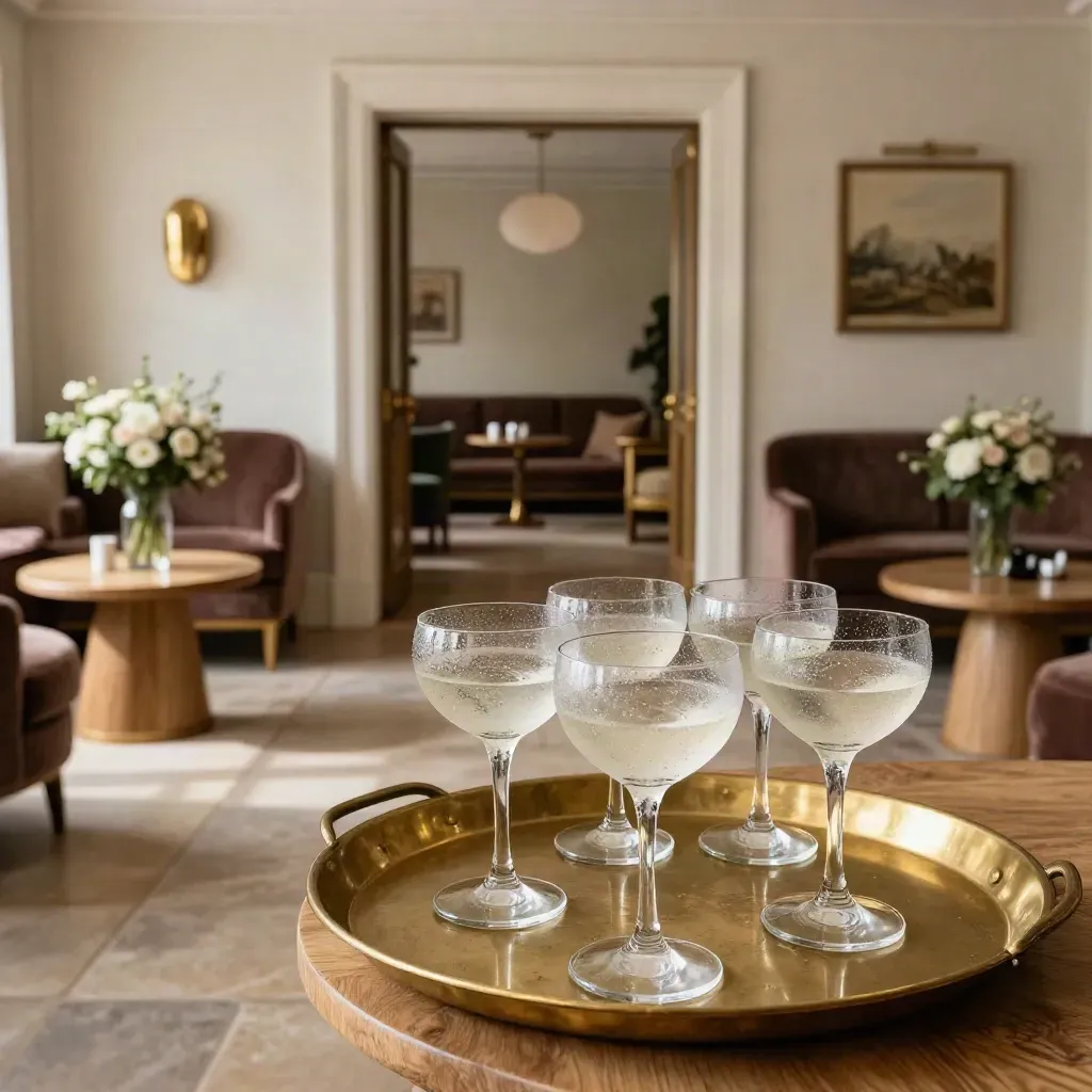 Brass tray of chilled glasses beside cocktail tables and flowers in an elegant club lounge