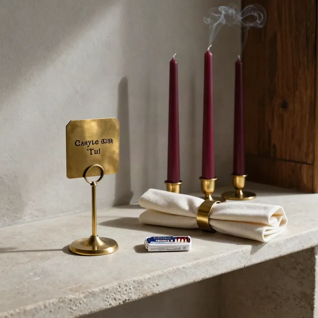 Brass table stands, taper candles, napkin rings, and matchbooks on a stone shelf