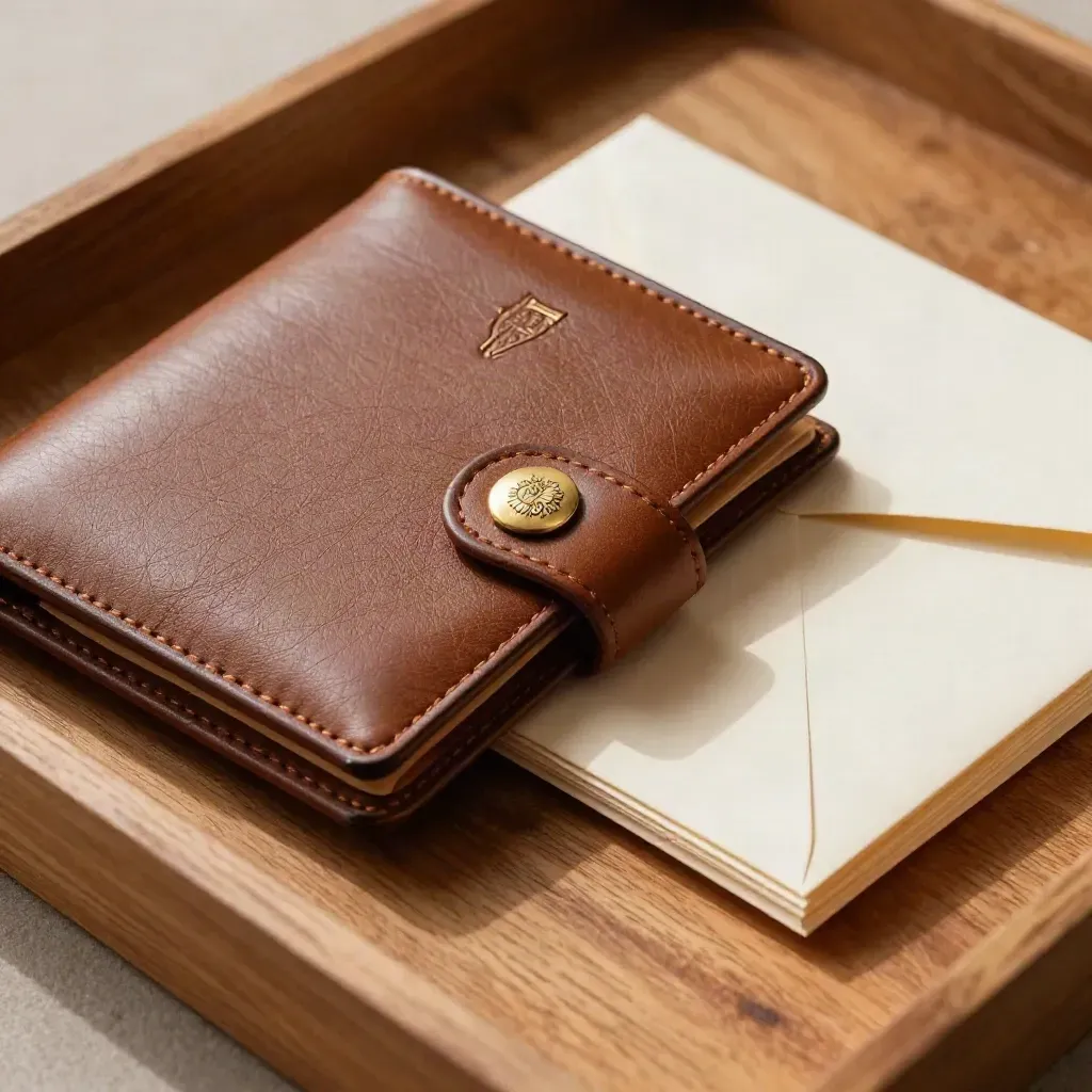 Embossed leather membership wallet, brass crest medallion and ivory envelopes on a warm oak tray.