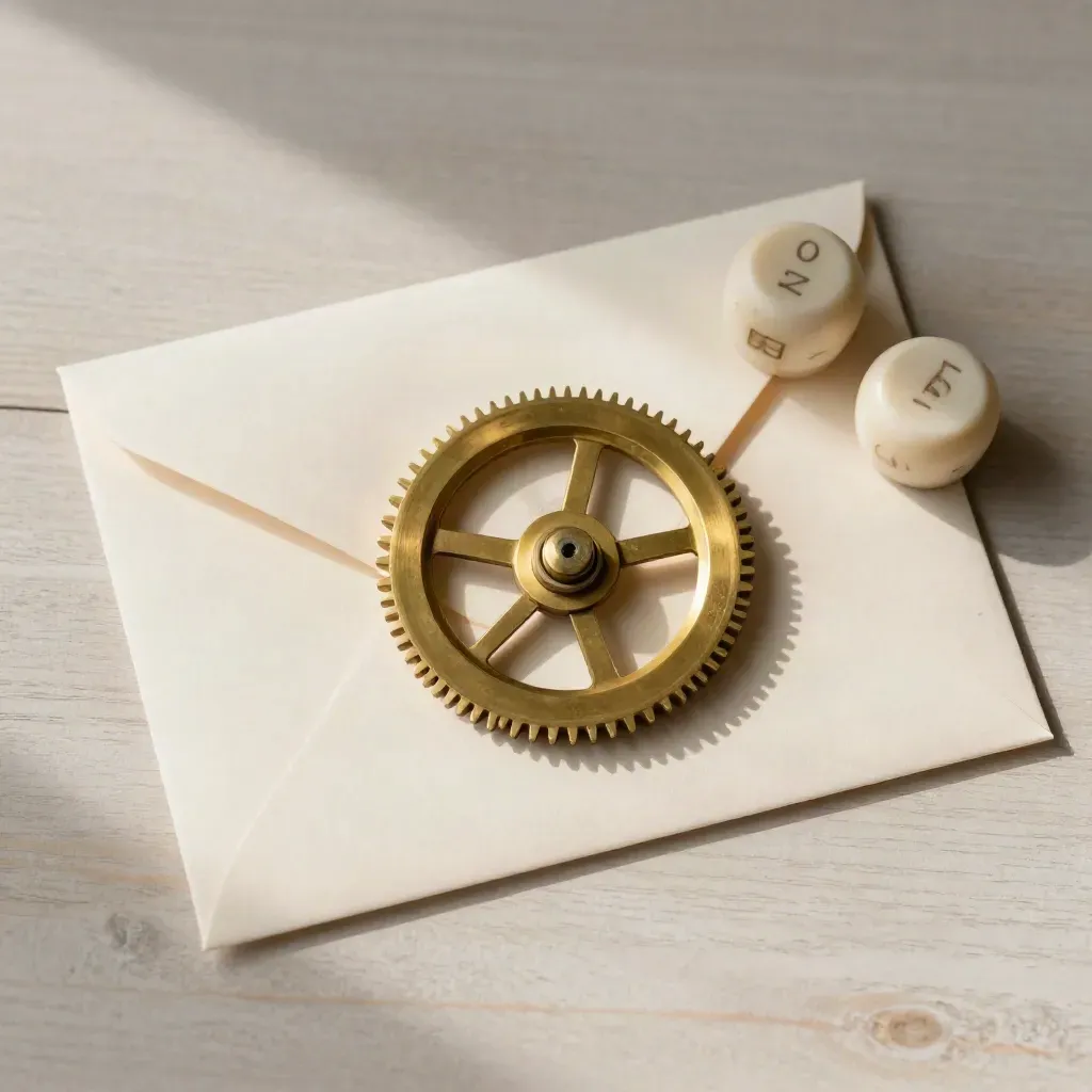 Brass date wheel, cream envelope and ivory room chips on pale oak.