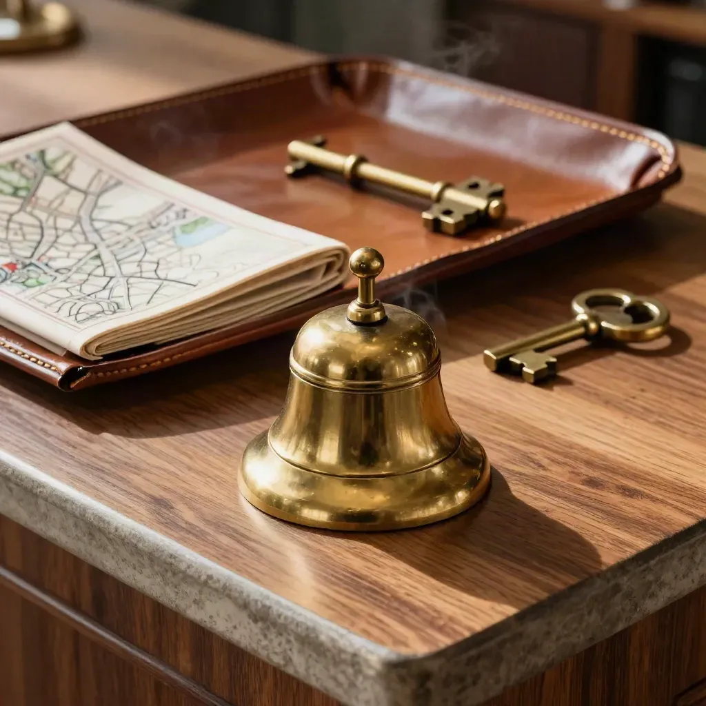 Brass bell, key, leather tray and folded map sleeve on a walnut concierge counter