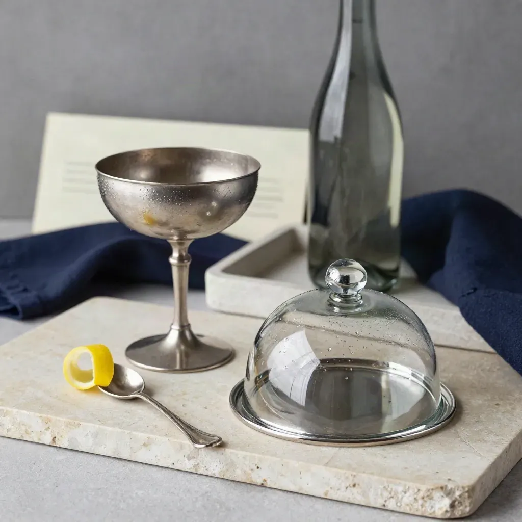 Coupe glass, spoon, lemon twist, cloche, and chilled bottle on stone tray with navy linen.
