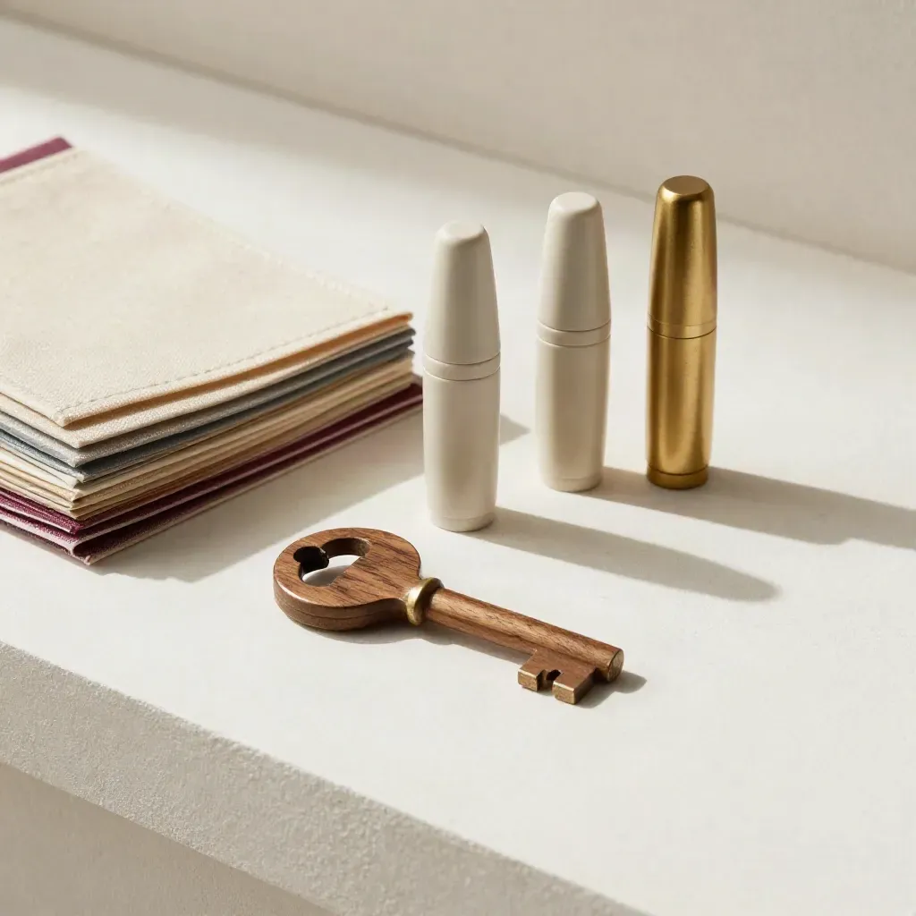 Walnut key and swatch stack with miniature table markers on plaster, softly lit