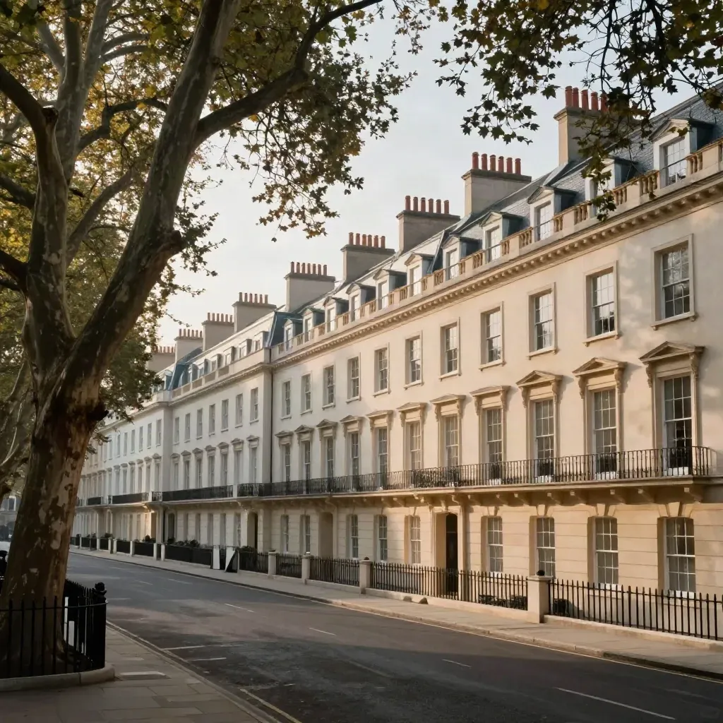 Golden-hour Mayfair terraces and plane trees above a calm London street, with open stone frontage below.