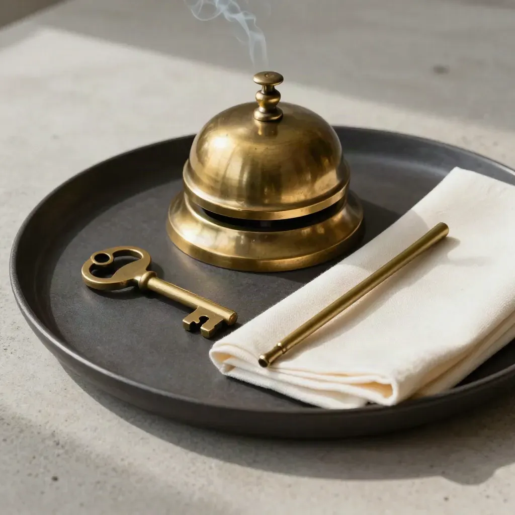 Brass service bell, room key, napkin and candle snuffer on a tray in soft daylight.