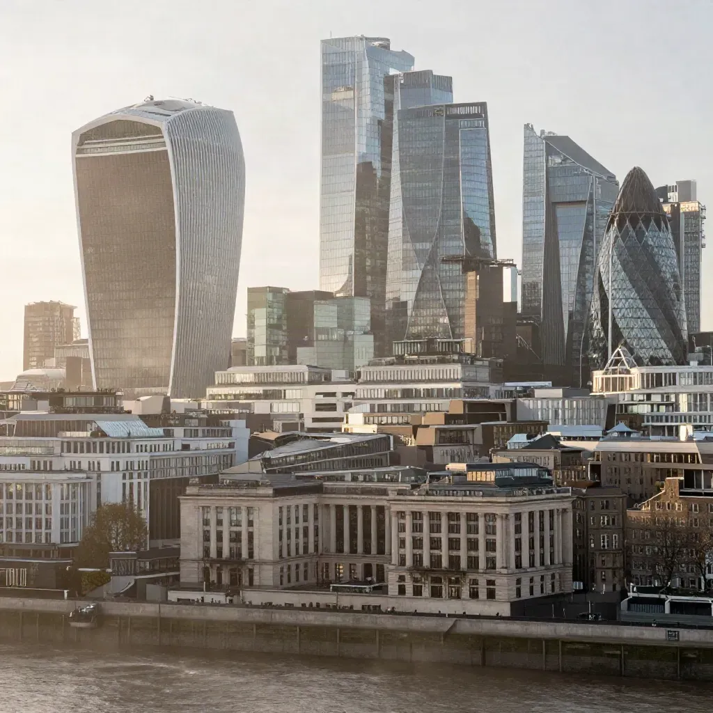 City of London towers glowing above pale stone courtyards and river mist