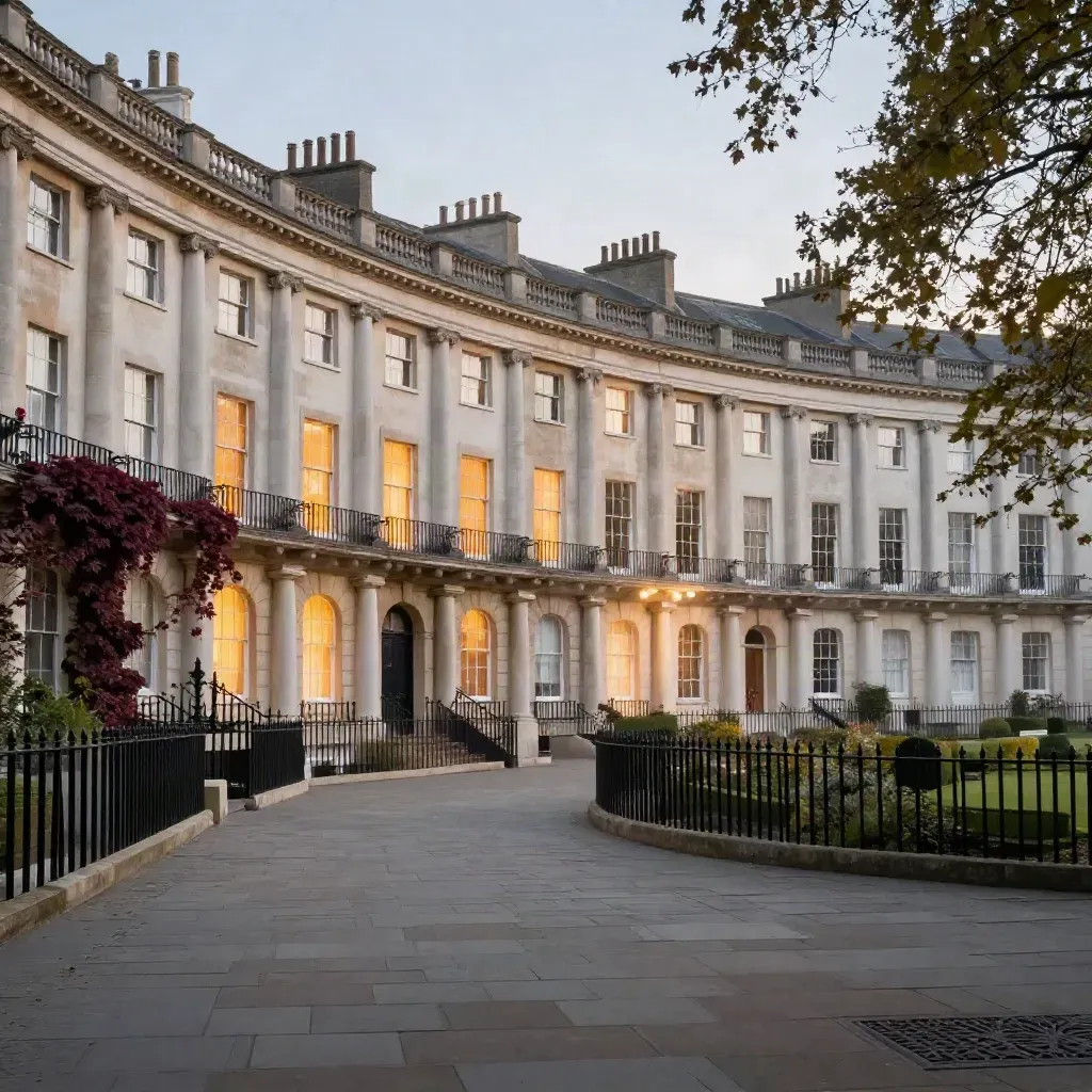 West End Georgian terraces and garden squares glowing softly through evening mist