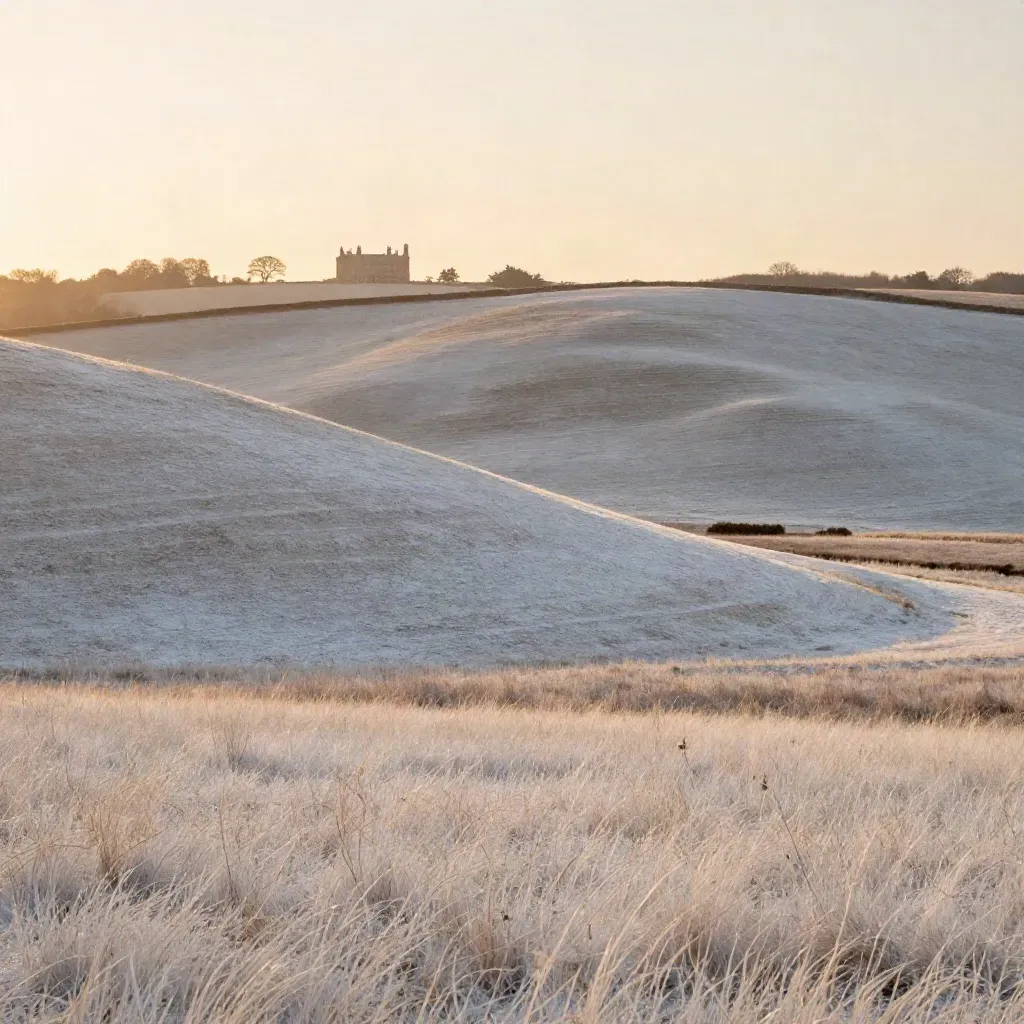 Chalk downs with a pale manor on the horizon under warm evening haze.